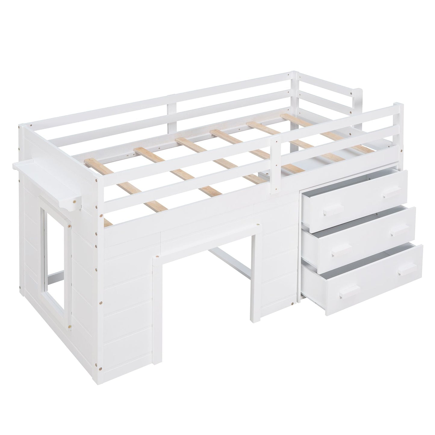 Kids Bedroom Twin Wood Loft Bed with Cabinet and Shelf, White | Just Better Bunk Beds
