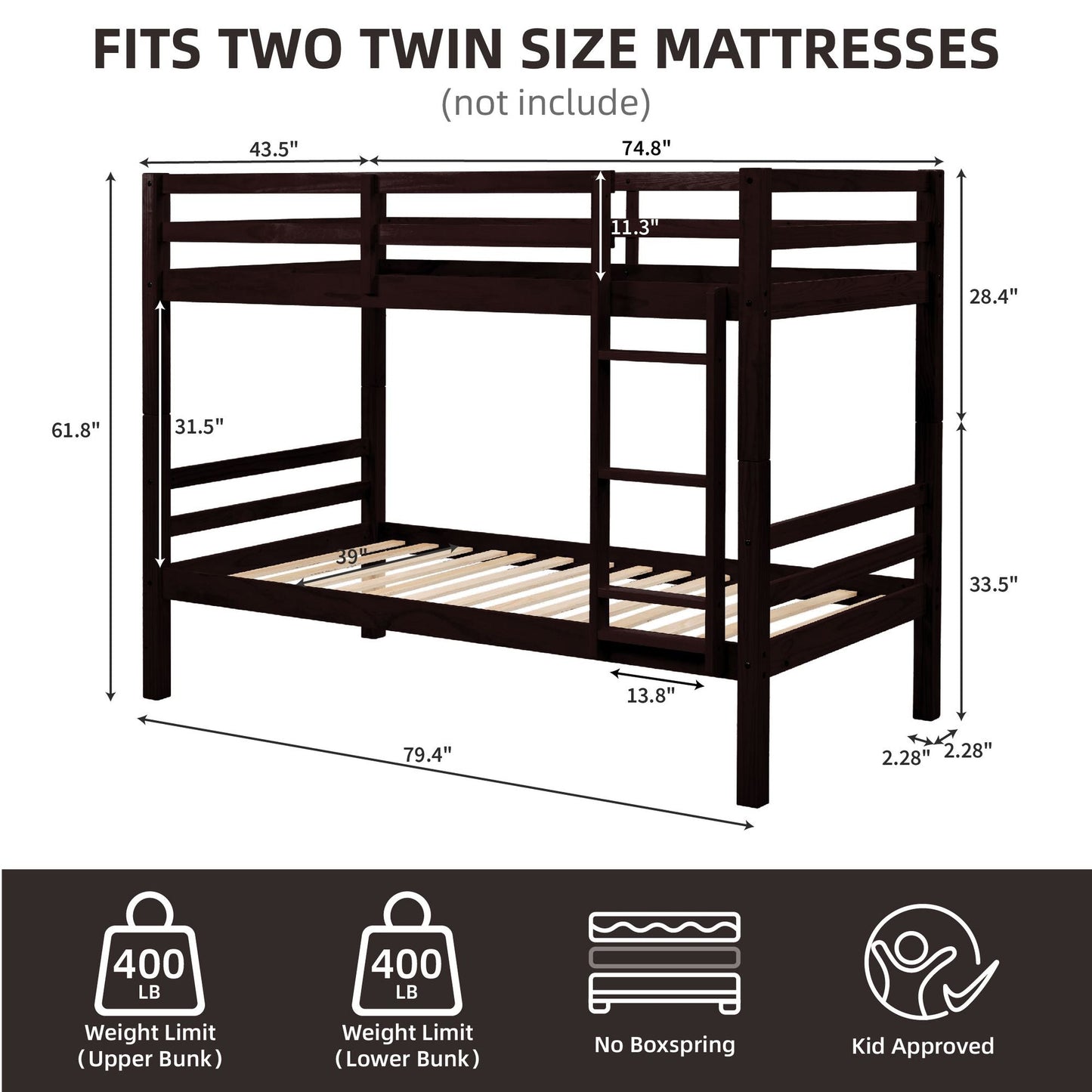 Heavy-Duty Twin Over Twin Wood Bunk Bed, Espresso with Thick Posts, Ladder, and High Guardrail | Just Better Bunk Beds