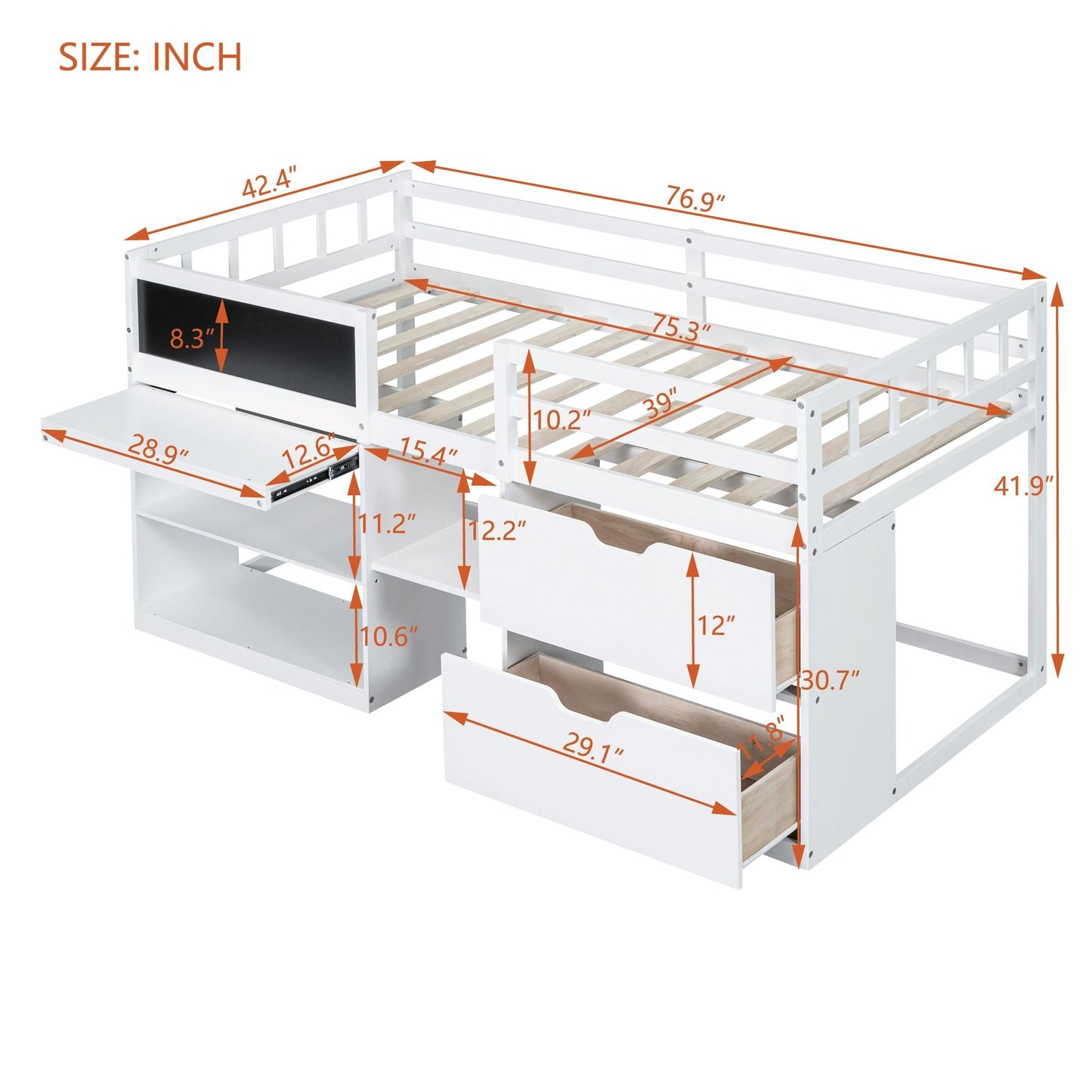 Space-Saving Twin Low Loft Wood Bed with Rolling Desk, Shelf, Drawers, White | Just Better Bunk Beds