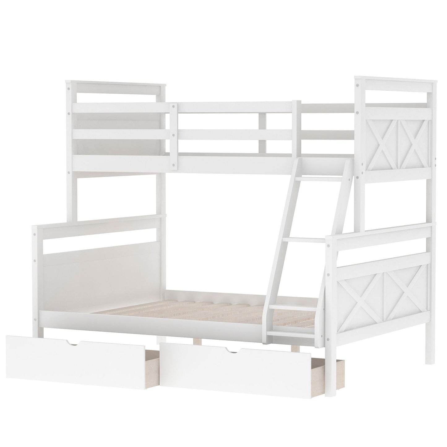 Kids Bedroom Twin Over Full Wood Bunk Bed with Ladder, Two Storage Drawers and Safety Guardrail, White | Just Better Bunk Beds