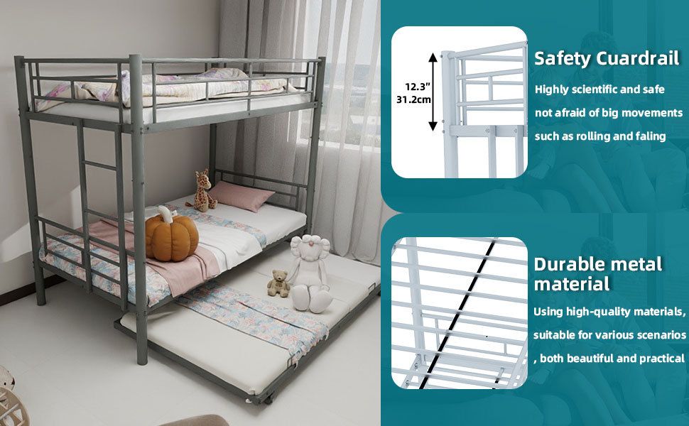 Heavy-Duty Twin Over Twin Wood Bunk Bed with Safety Guardrail, Noise Reduced, Silver | Just Better Bunk Beds