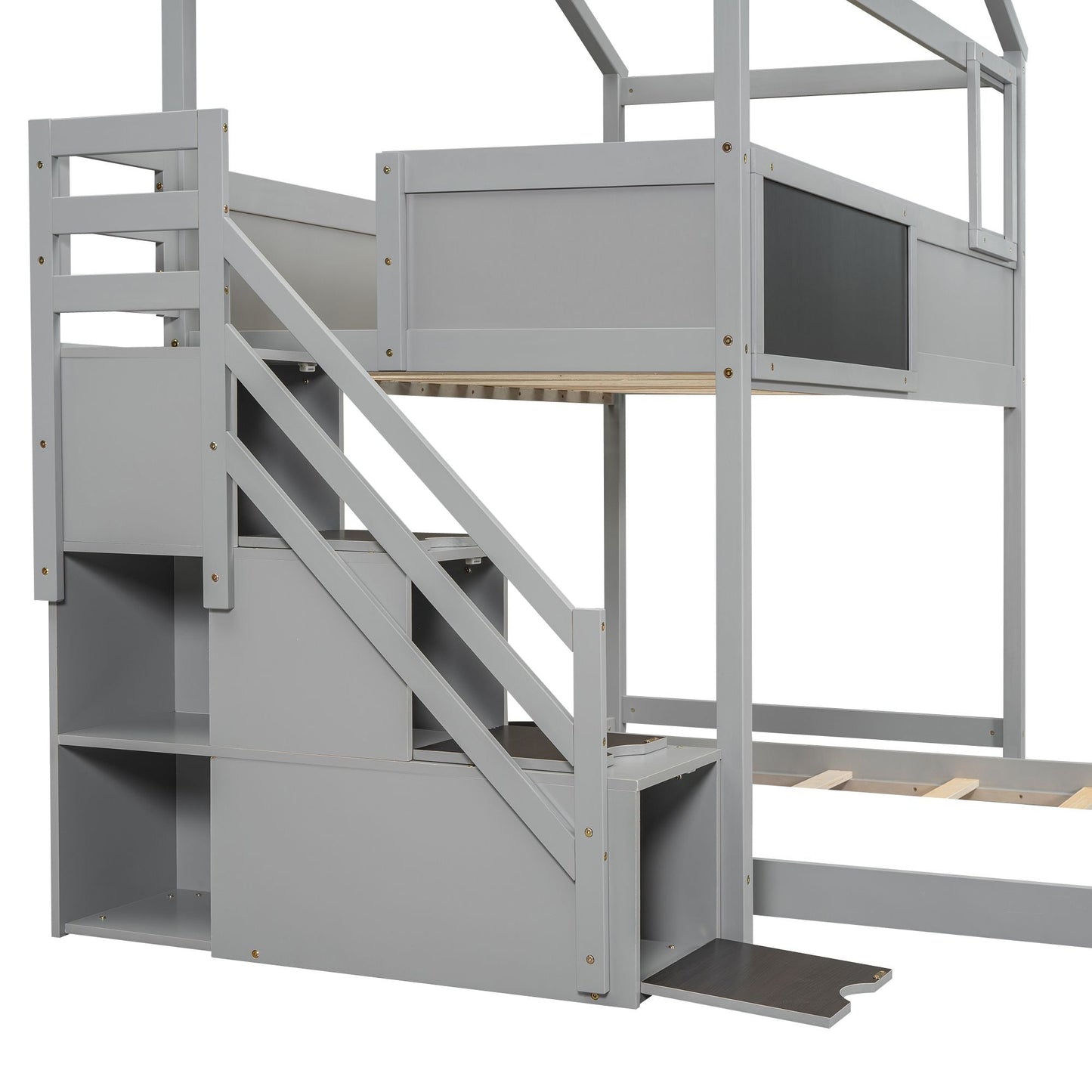 Staircase Storage Twin Over Full Wood House Bunk Bed with Blackboard, Gray and White | Just Better Bunk Beds
