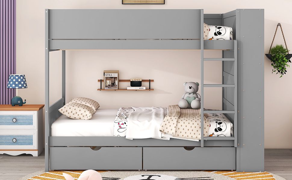 Storage Full Over Full Wood Bunk Bed with 2 Drawers and Multi-Layer Cabinet, Gray | Just Better Bunk Beds