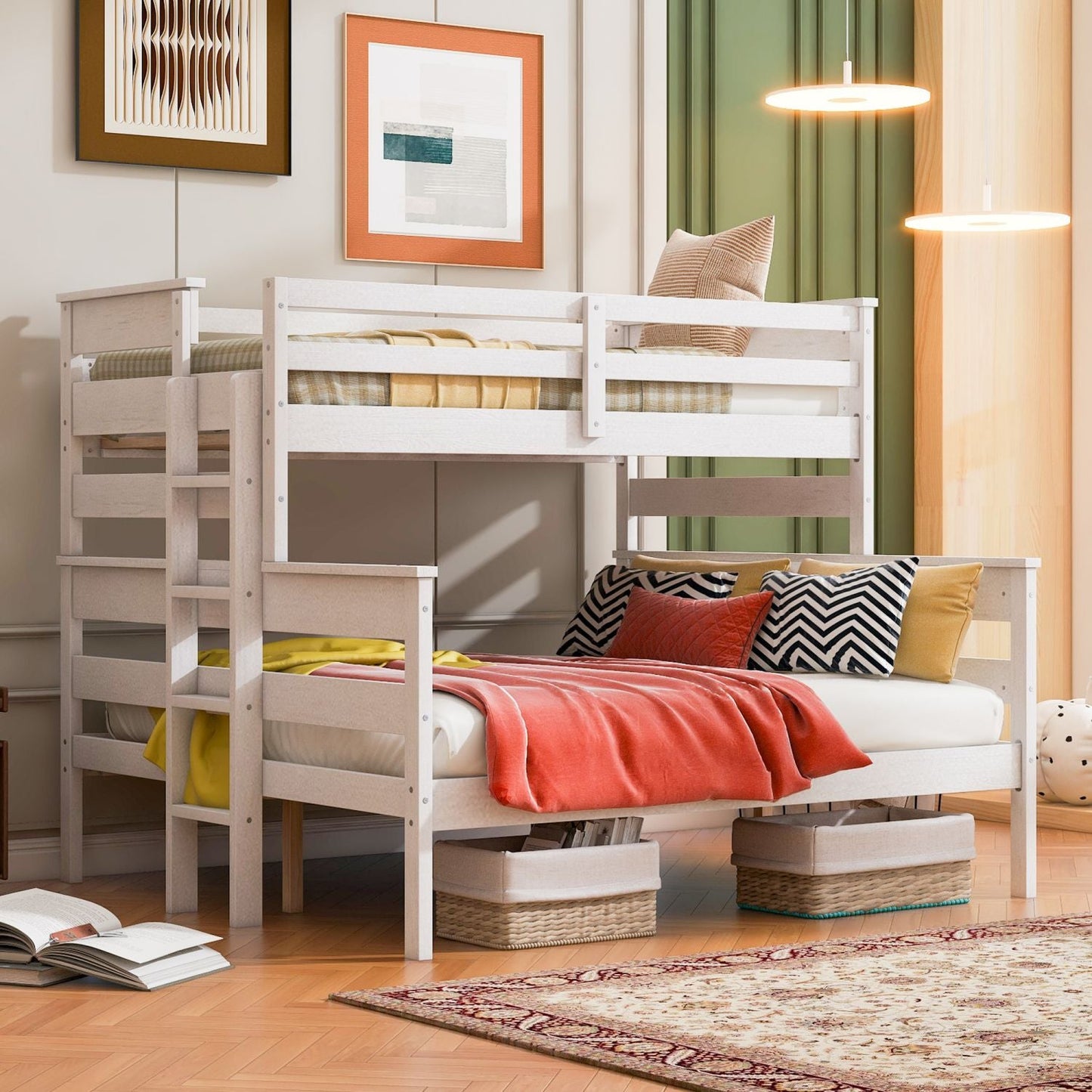 Shared Room Solution Twin XL Over Queen Wood Bunk Bed with Ladder, White | Just Better Bunk Beds