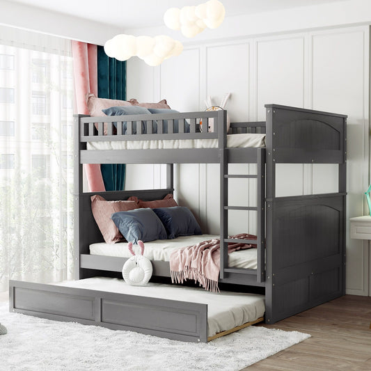 Shared Room Solution Full Over Full Pine Wood Bunk Bed with Twin Trundle and Guardrails, Brushed Gray | Just Better Bunk Beds