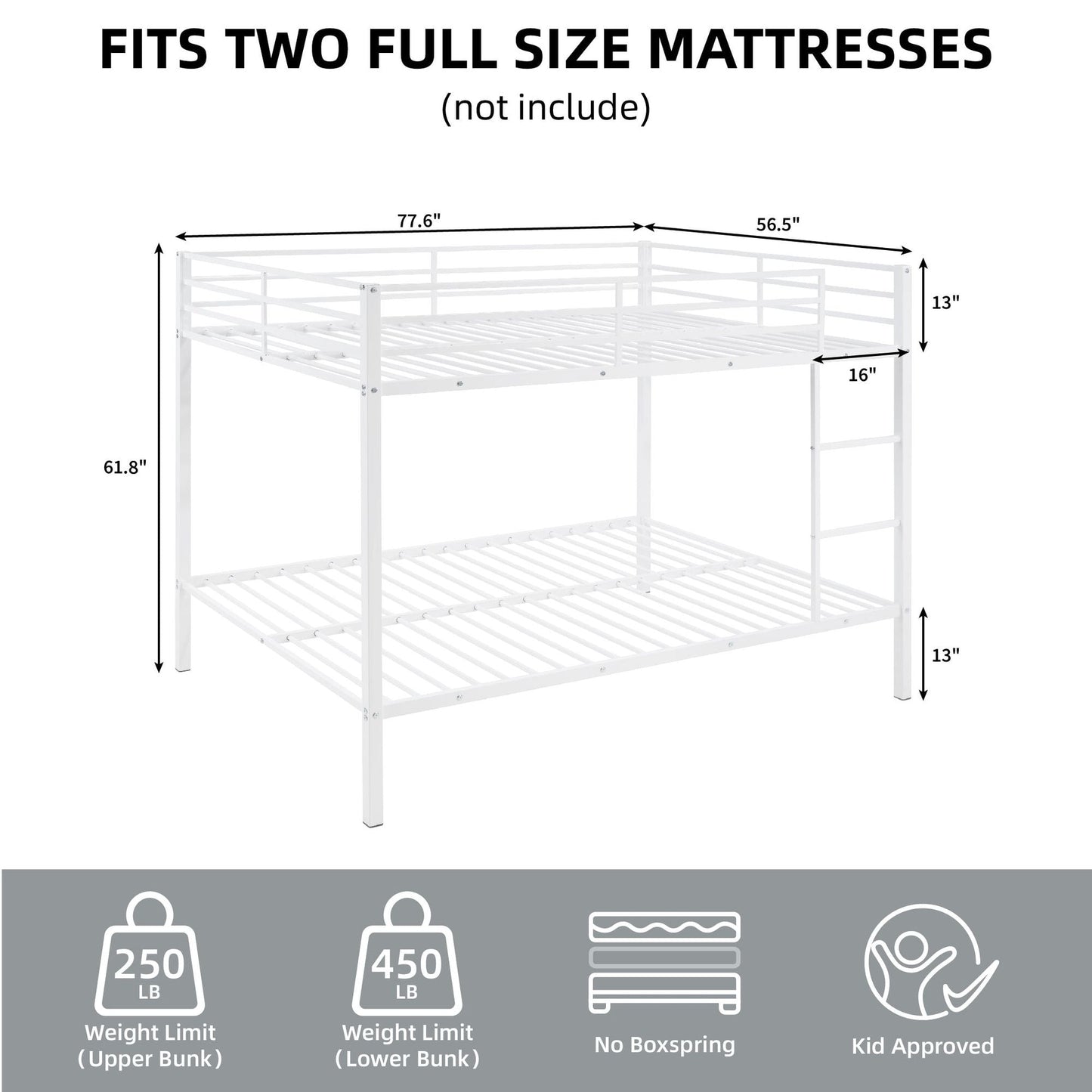 Heavy-Duty Full Over Full Metal Bunk Bed with Built-In Ladder and Safety Guard Rail, White | Just Better Bunk Beds