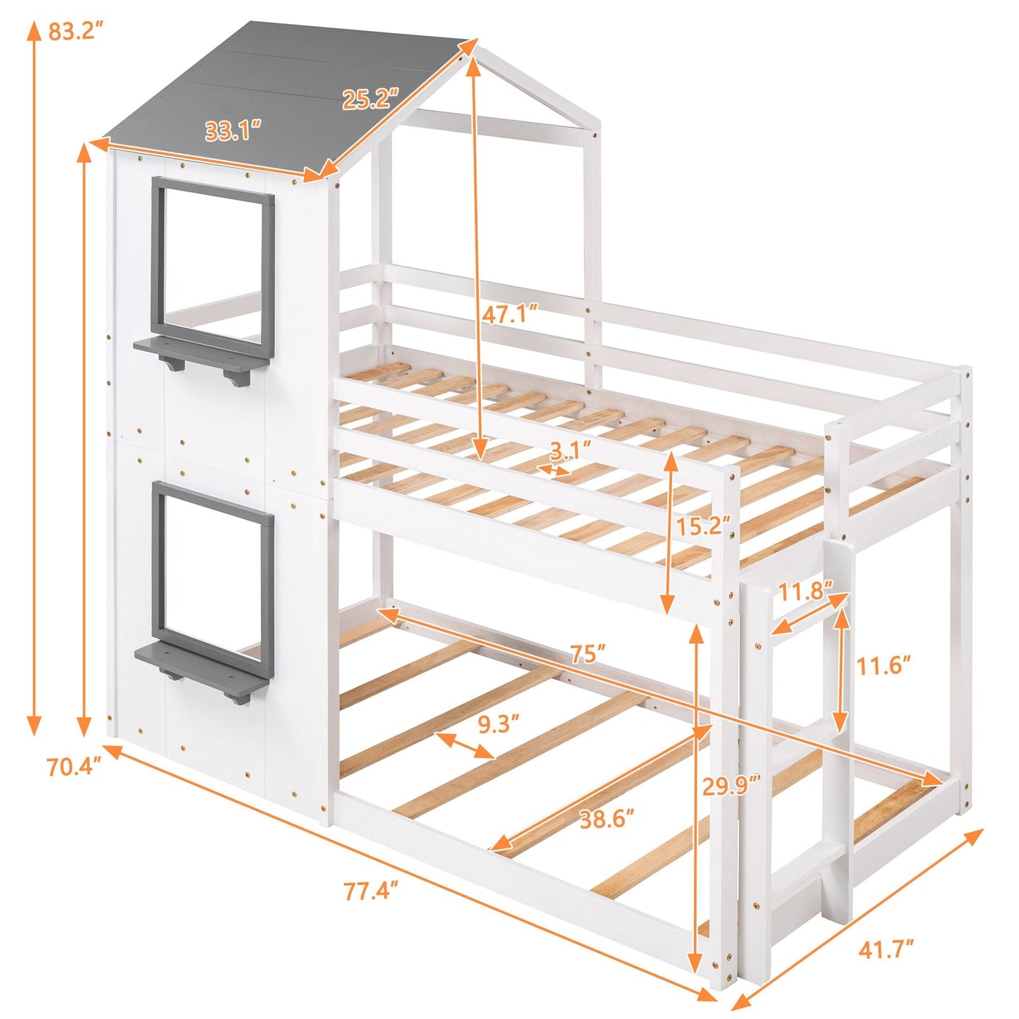 Kids Bedroom Twin Over Twin Wood Bunk Bed with Roof, Window, Guardrail, Ladder, White | Just Better Bunk Beds