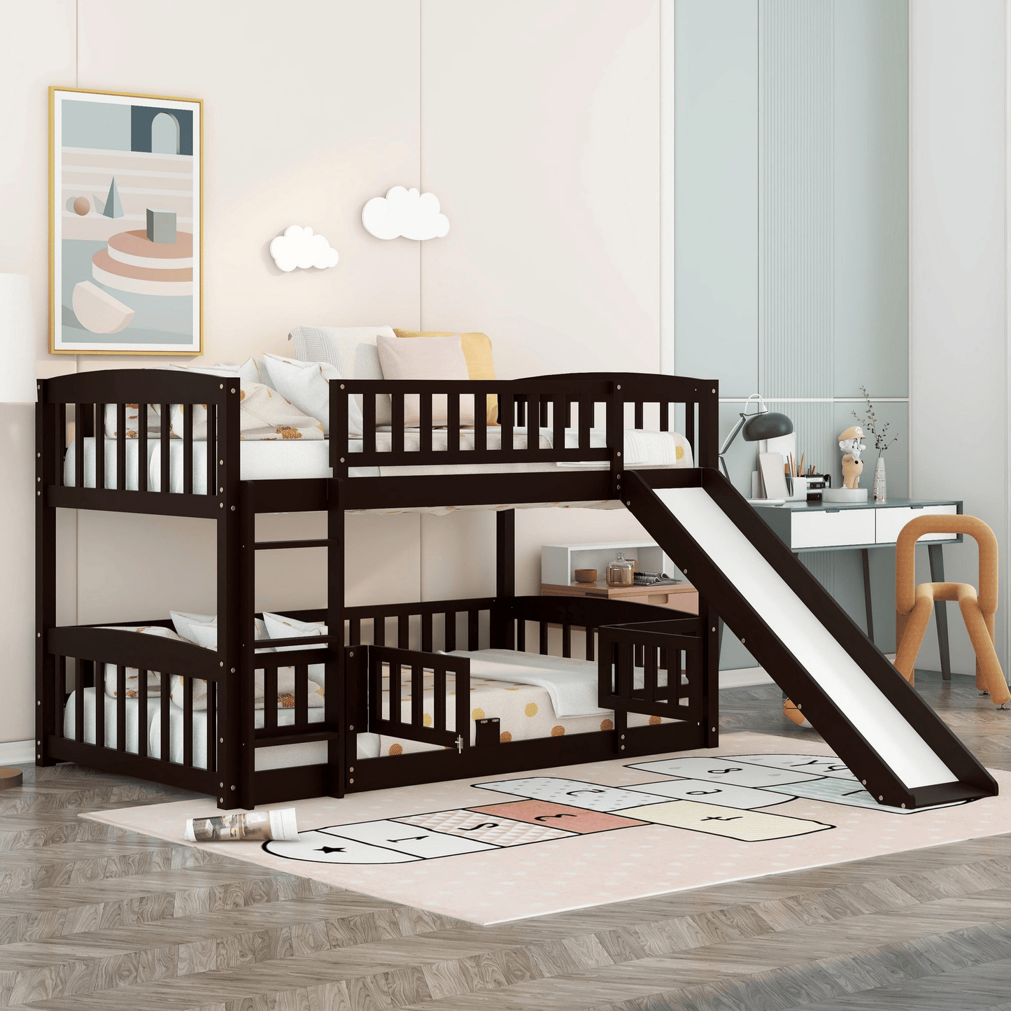 Kids Bedroom Twin Over Twin Wood Low Bunk Bed with Slide, Fence and Ladder, White | Just Better Bunk Beds