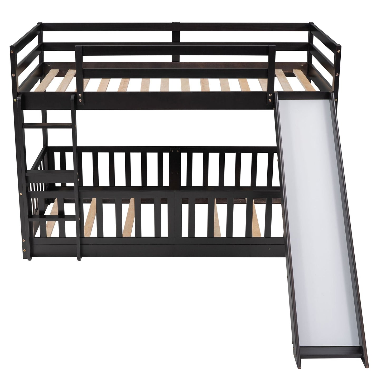 Kids Bedroom Twin Over Twin Wood Bunk Bed with Slide and Ladder, Espresso | Just Better Bunk Beds