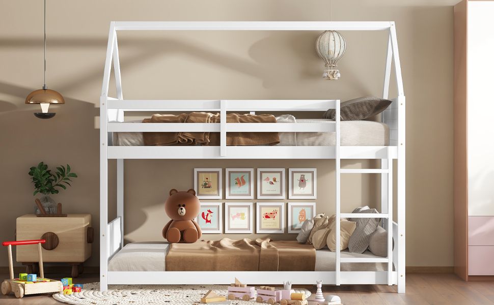 Twin Over Twin House Floor Bunk Bed with Headboards,  Footboards and Guardrails,  Ladder,  Rubber Wood Bunk Bed with Safety Guardrails, White