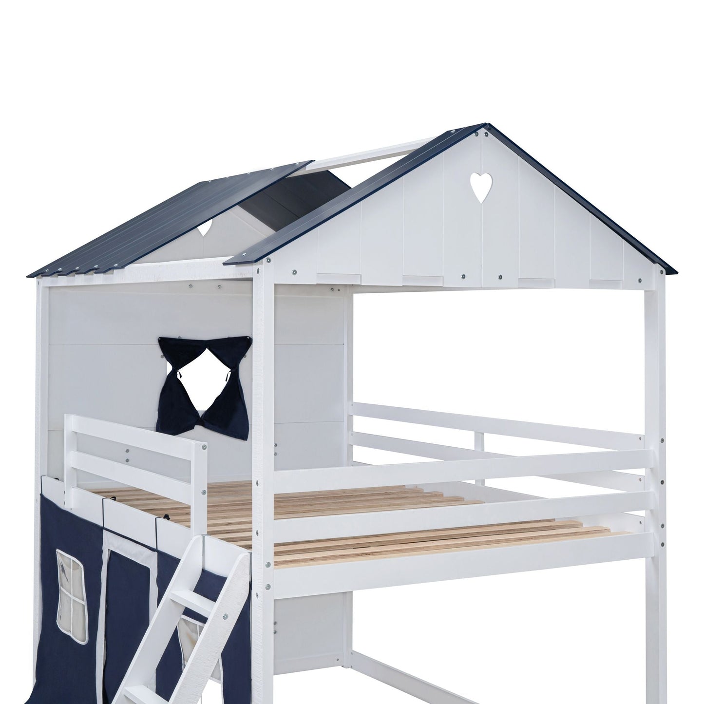 Kids Bedroom Full Wood House-Style Bunk Bed with Windows and Tent, Blue White | Just Better Bunk Beds