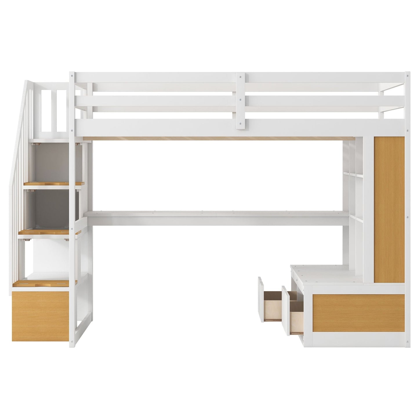 Space-Saving Full Wood Loft Bed with Desk, Shelves, Drawers, Storage Staircase, White and Natural | Just Better Bunk Beds