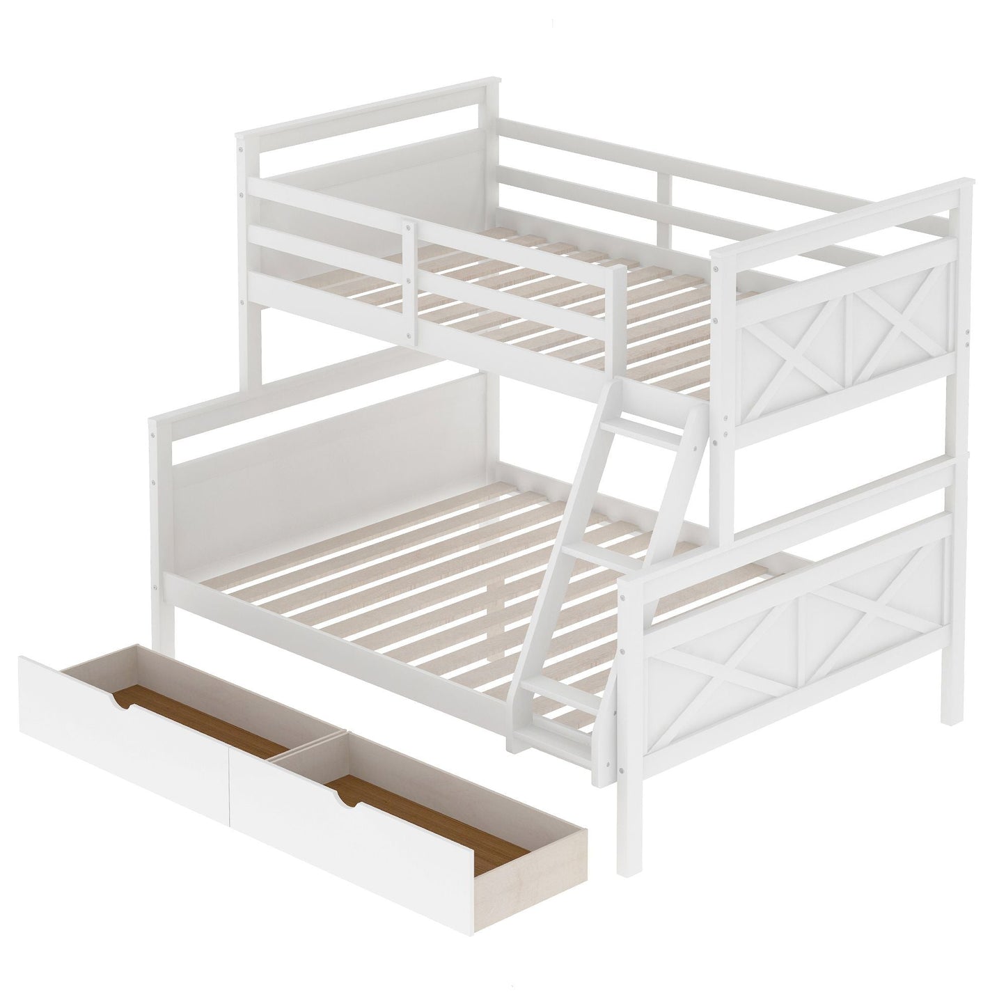 Kids Bedroom Twin Over Full Wood Bunk Bed with Ladder, Two Storage Drawers and Safety Guardrail, White | Just Better Bunk Beds