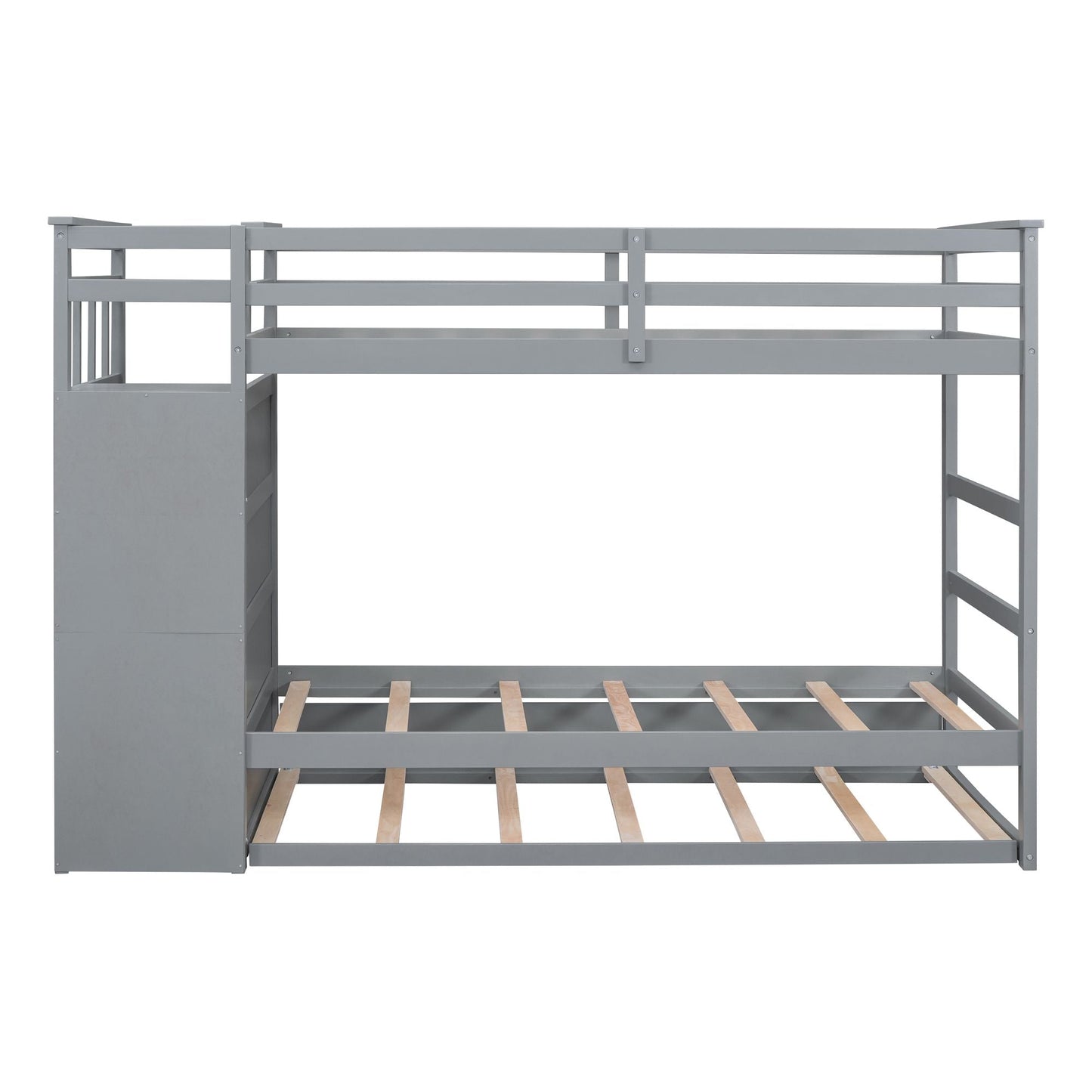 Shared Room Solution Twin Over Twin Wood Bunk Bed with Trundle and Staircase, Gray | Just Better Bunk Beds