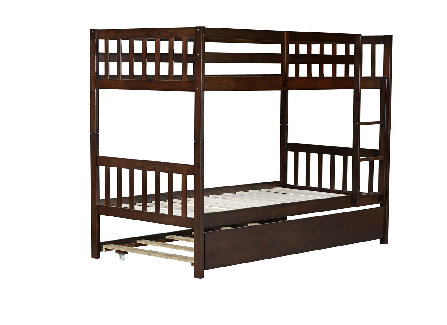 Convertible Twin Over Twin Rubber Wood Bunk Bed with Trundle, Ladder, and Guardrails, Espresso | Just Better Bunk Beds