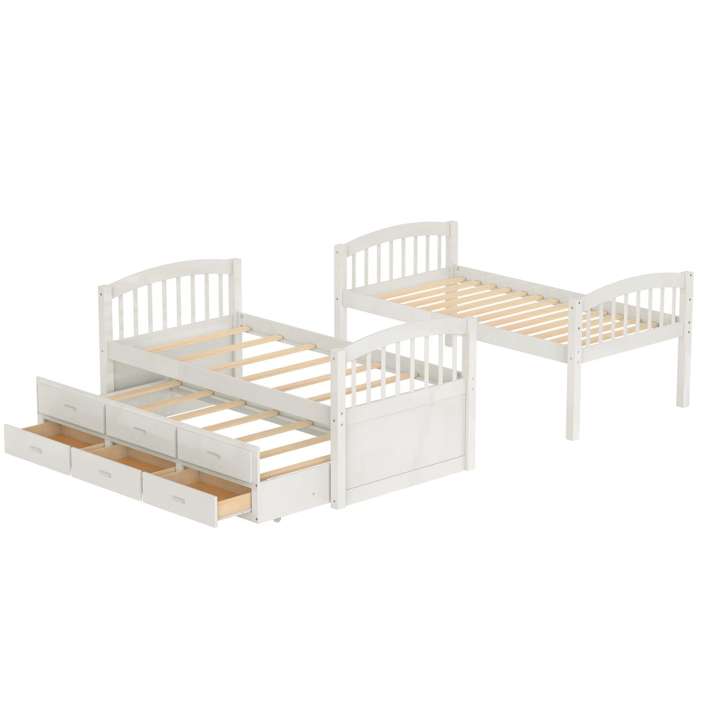 Space-Saving Twin Over Twin Wood Bunk Bed, White with Trundle and Drawers | Just Better Bunk Beds