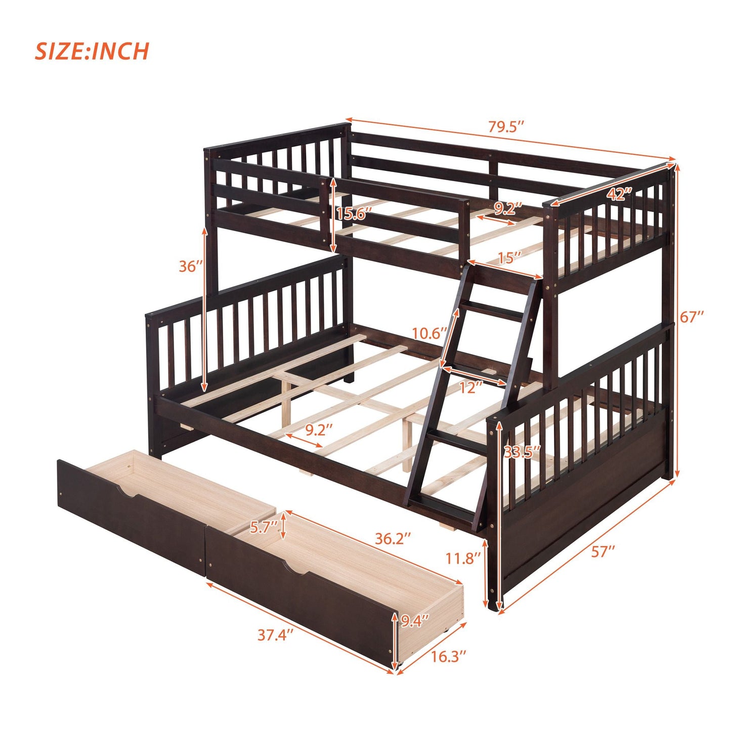 Heavy-Duty Twin Over Full Wood Bunk Bed with Ladder and Two Storage Drawers, Espresso | Just Better Bunk Beds