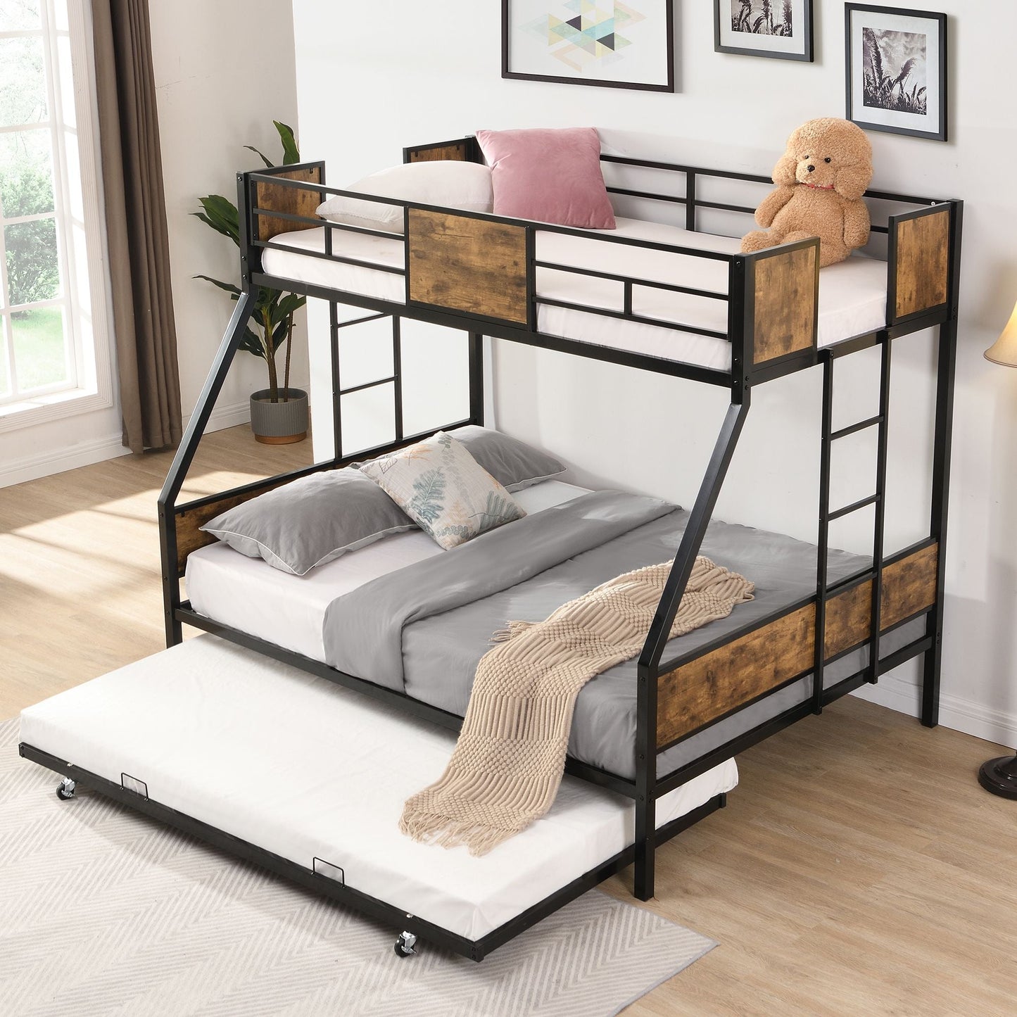 Twin Over FULL Metal Bunk Bed with Trundle 2 - Side Ladder and Full-Length Guardrail,  No Box Spring Needed,  Large Under Bed Storage,  Easy Assemble