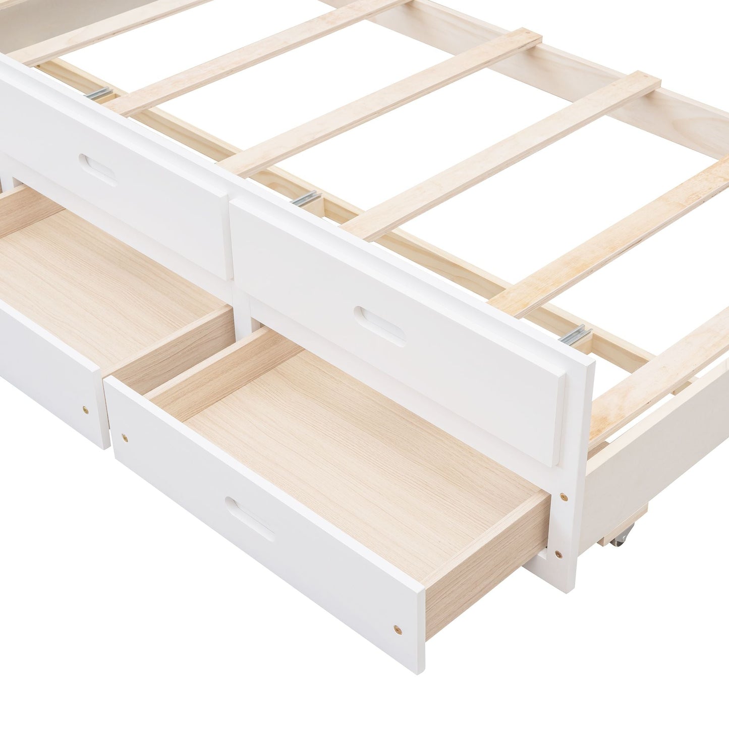 Separable Twin Over Full Wood Bunk Bed with Twin Trundle and Drawers, White | Just Better Bunk Beds