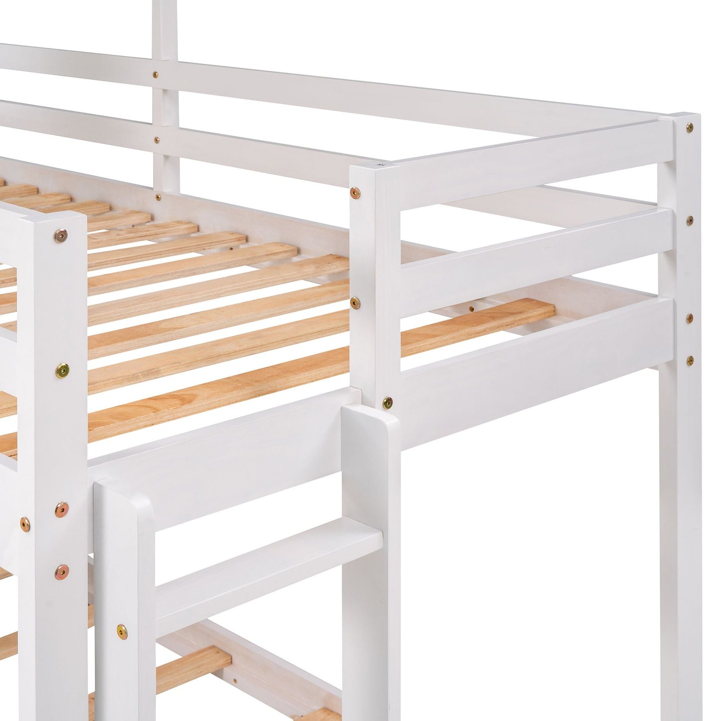 Kids Bedroom Twin Over Twin Wood Bunk Bed with Roof, Window, Guardrail, Ladder, White | Just Better Bunk Beds