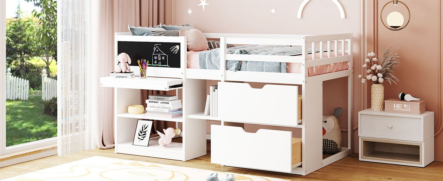 Space-Saving Twin Low Loft Wood Bed with Rolling Desk, Shelf, Drawers, White | Just Better Bunk Beds