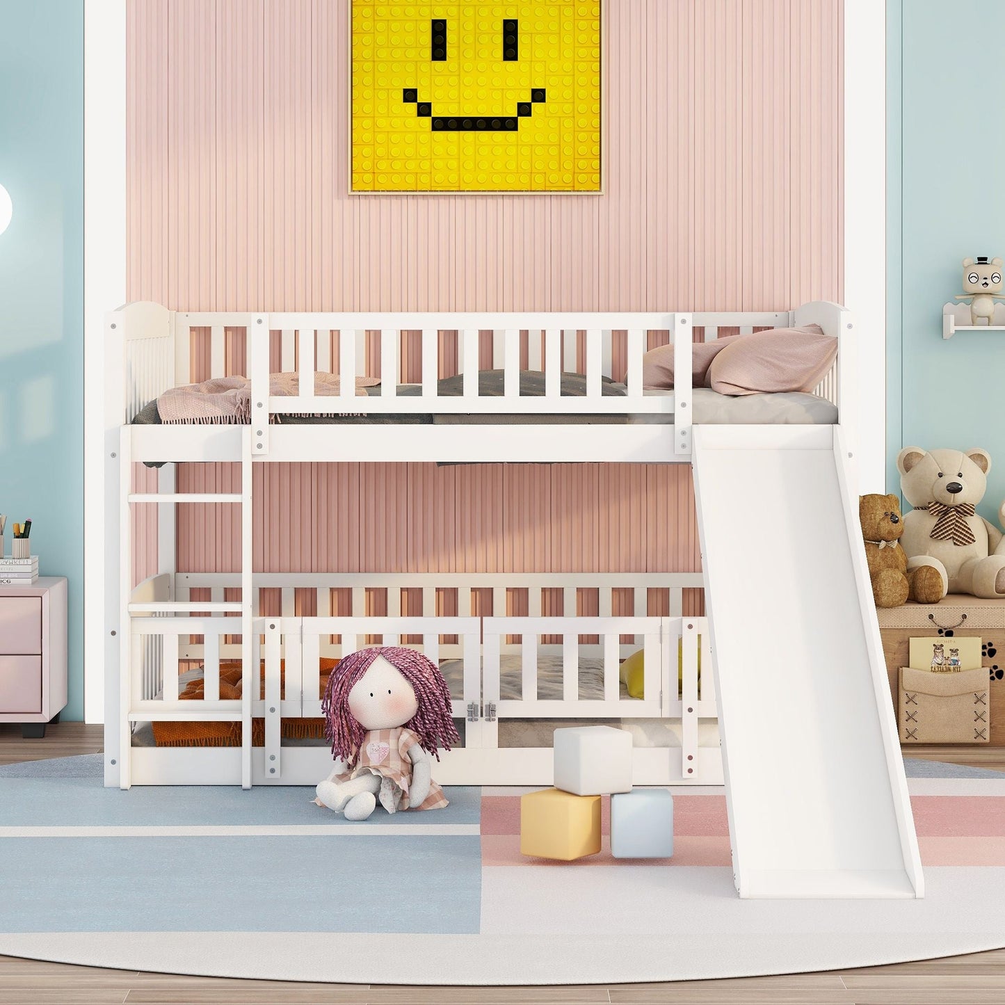 Kids Bedroom Full Over Full Wood Bunk Bed with Slide, Fence, Ladder, White | Just Better Bunk Beds