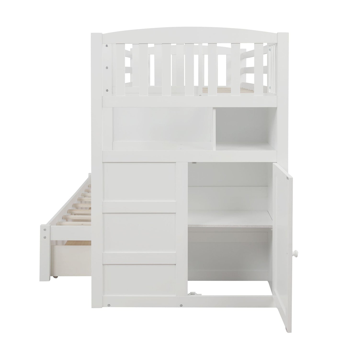 Convertible Twin Over Full Wood Bunk Bed with Storage Shelves and Drawers, White | Just Better Bunk Beds