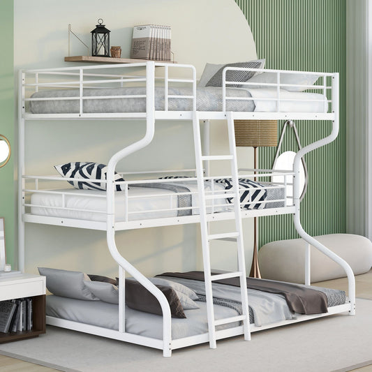 Heavy-Duty Full XL Over Twin XL Over Queen Triple Wood Bunk Bed with Ladder, White | Just Better Bunk Beds