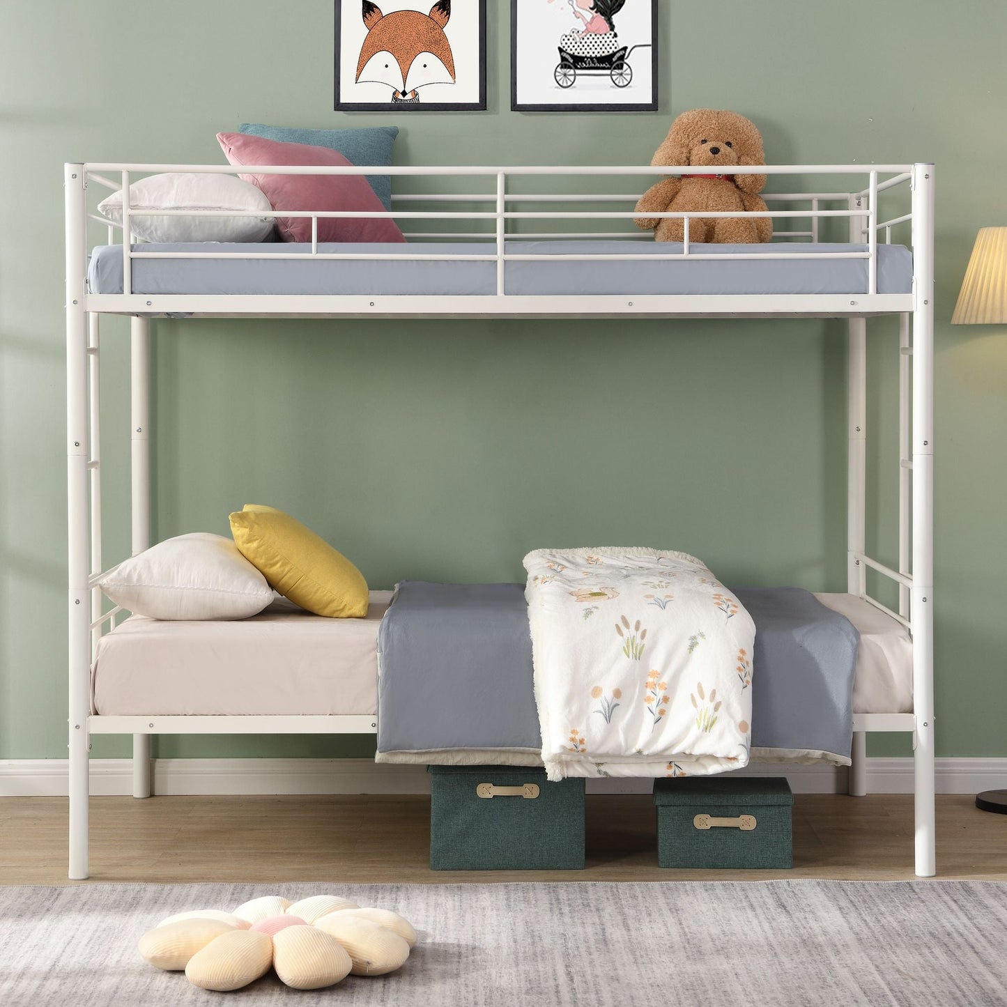 Shared Room Solution Twin Over Twin Metal Bunk Bed with 2 Ladders and Full-Length Guardrail, Black | Just Better Bunk Beds