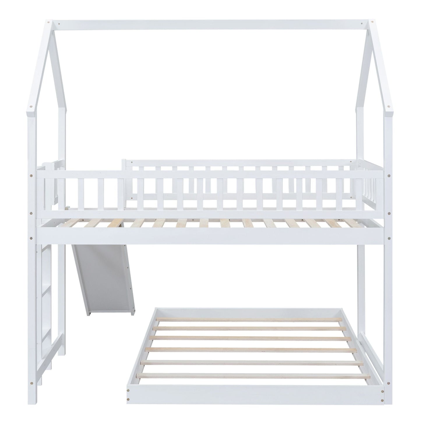 Twin over Full House Bunk Bed with Slide and Built-in Ladder,  Full-Length Guardrail