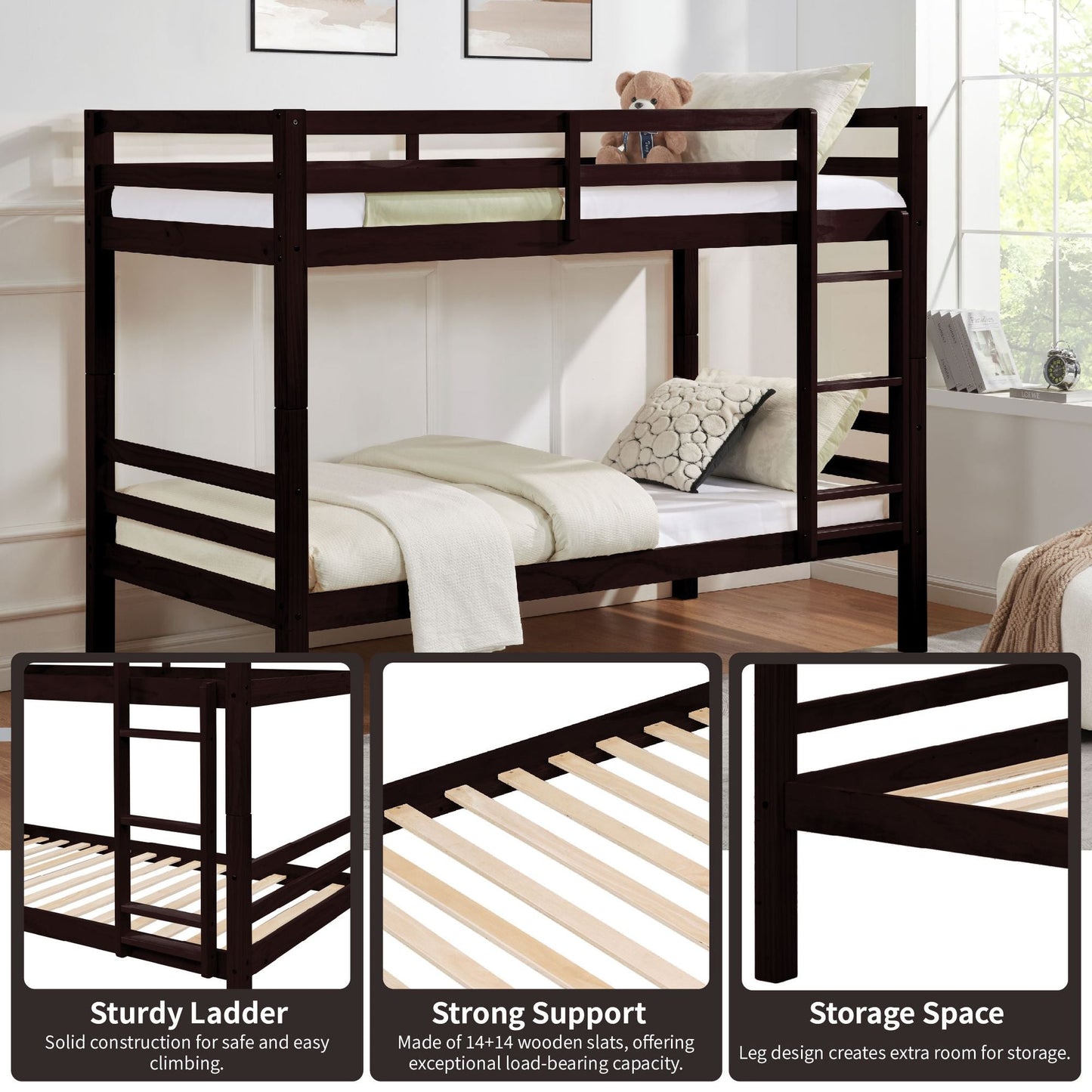 Heavy-Duty Twin Over Twin Wood Bunk Bed, Espresso with Thick Posts, Ladder, and High Guardrail | Just Better Bunk Beds