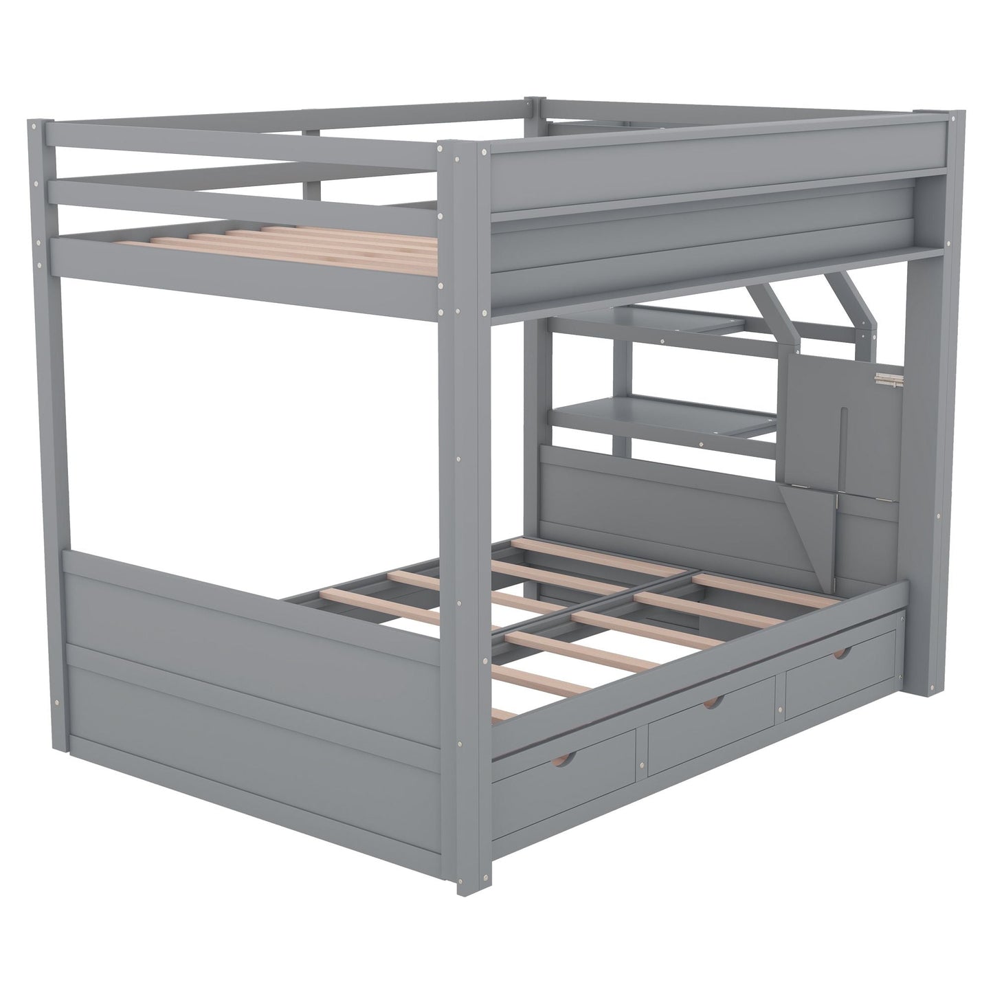 Convertible Full Wood Bunk Bed with Storage Staircase, Bedside Table, 3 Drawers, White | Just Better Bunk Beds