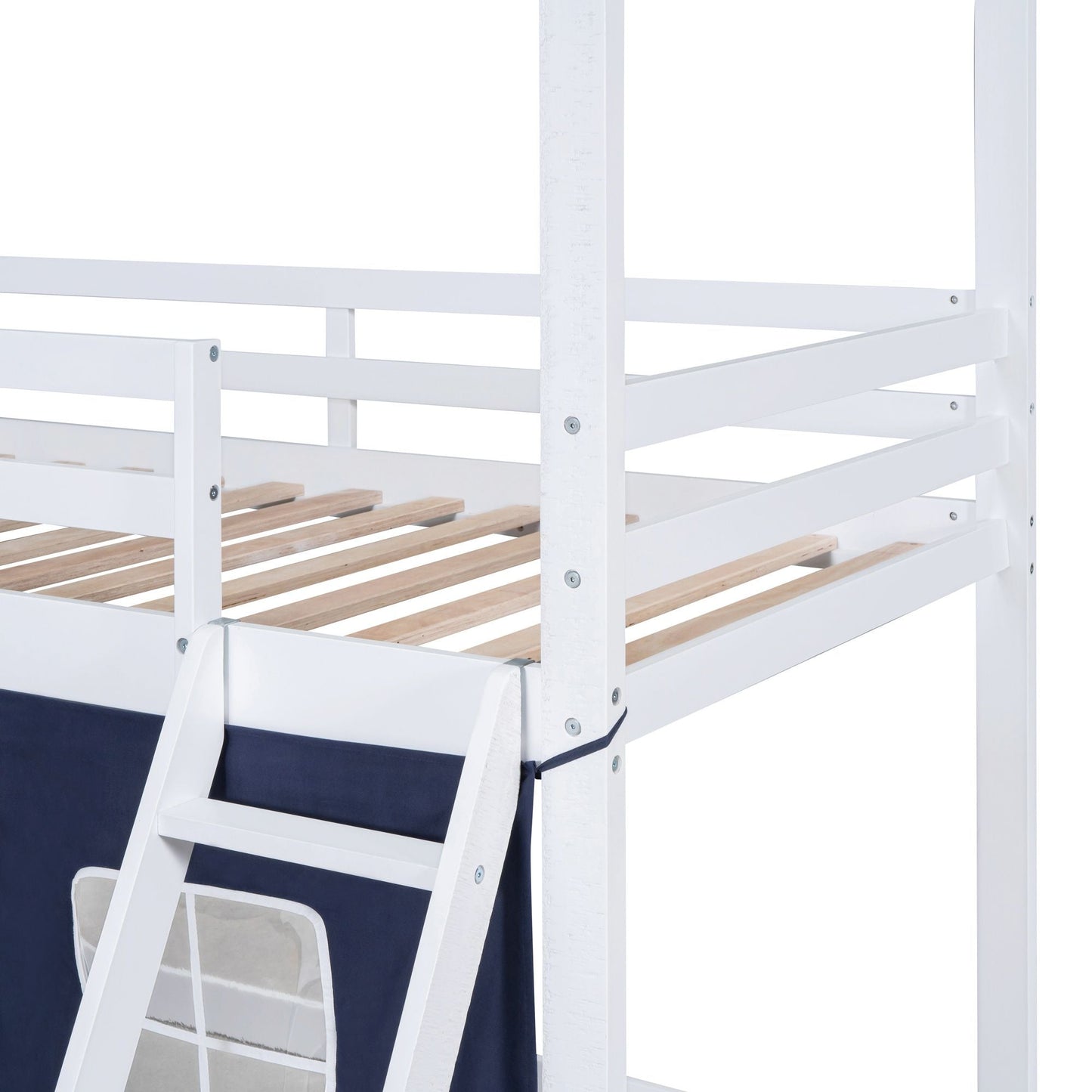 House-Style Twin Wood Bunk Bed with Elegant Windows, Sills, Tent, Blue and White | Just Better Bunk Beds