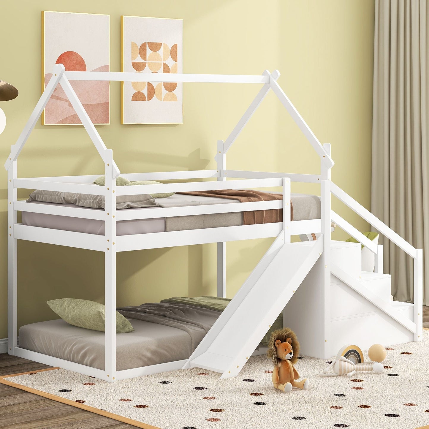 Kids Bedroom Twin Over Twin Wood House Loft Bed with Slide and Staircase, White | Just Better Bunk Beds