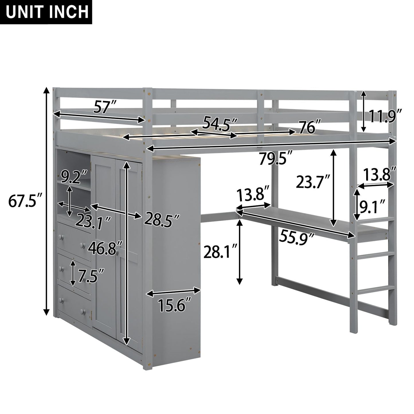 Space-Saving Full Wood Loft Bed with Built-in Wardrobe, Desk & Storage, Gray | Just Better Bunk Beds