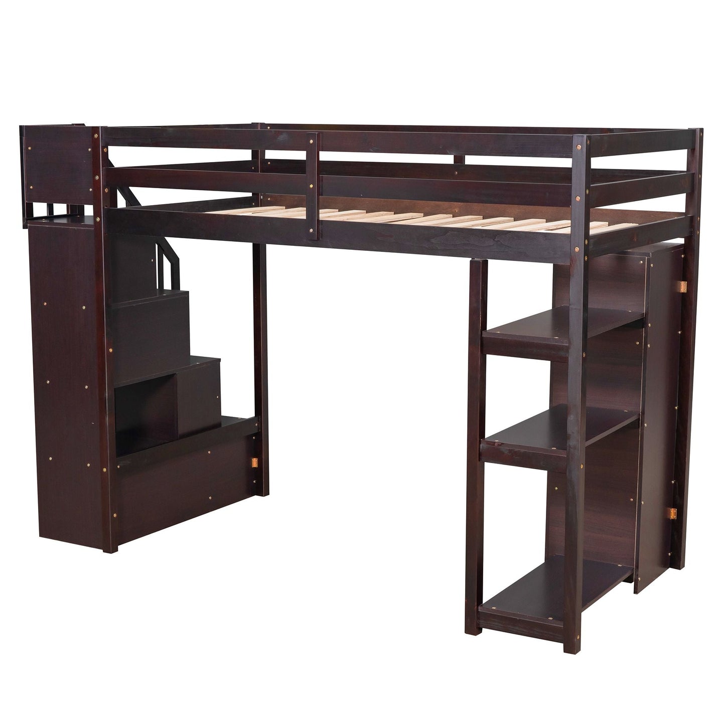 Kids Bedroom Twin Wood Loft Bed with Storage Drawers and Stairs, Espresso | Just Better Bunk Beds