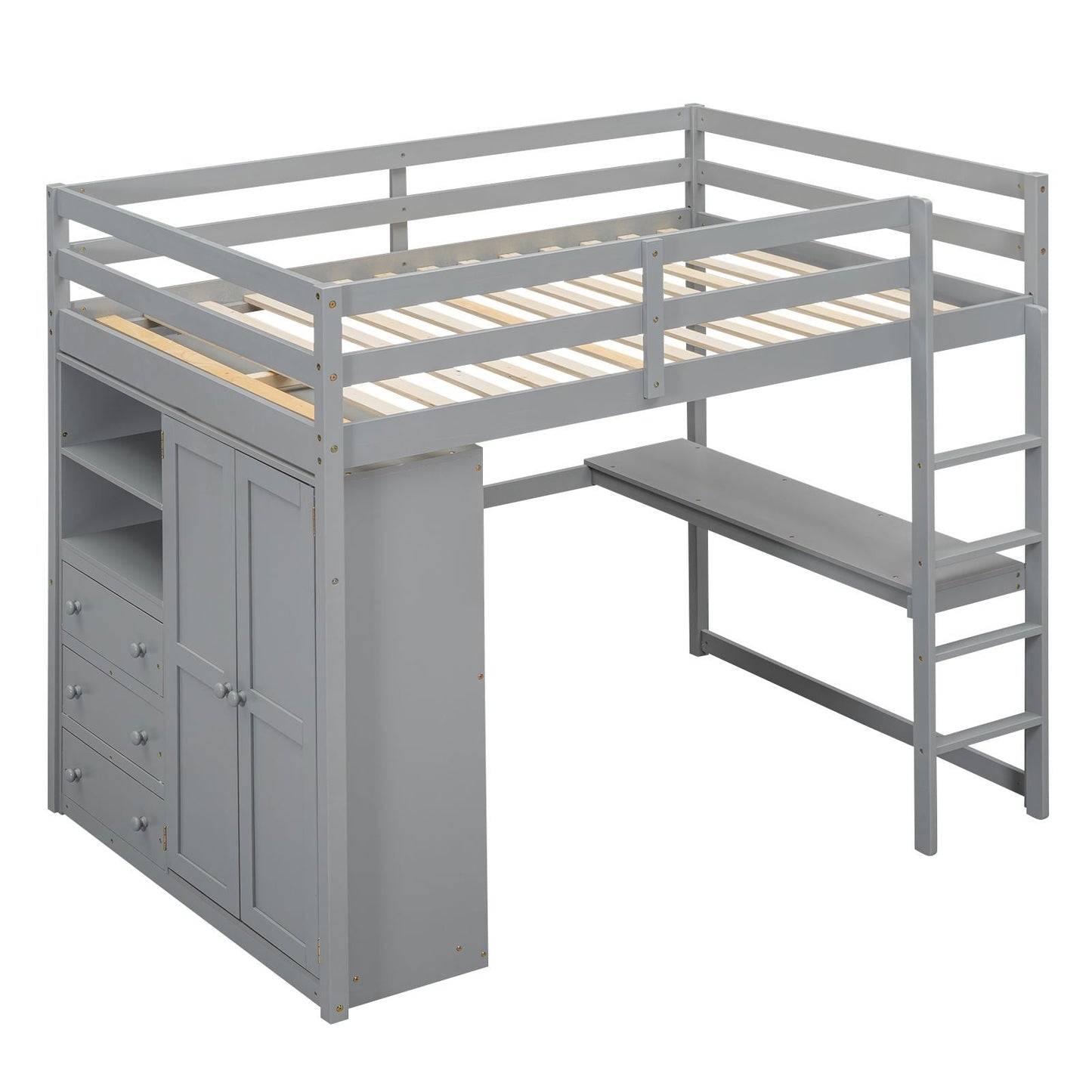 Space-Saving Full Wood Loft Bed with Built-in Wardrobe, Desk & Storage, Gray | Just Better Bunk Beds