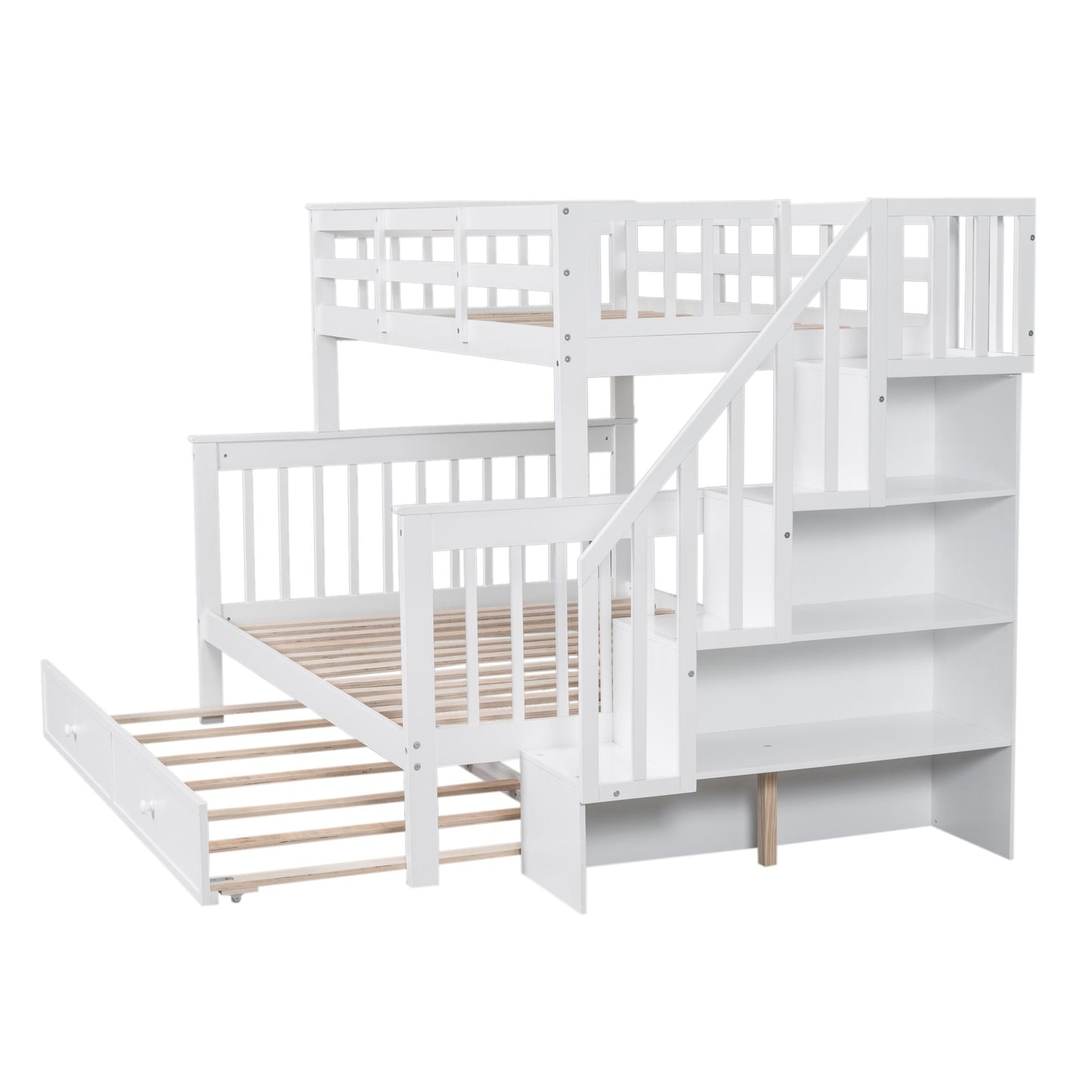 Staircase Storage Twin Over Full Wood Bunk Bed with Trundle, Storage, and Guard Rail, White | Just Better Bunk Beds