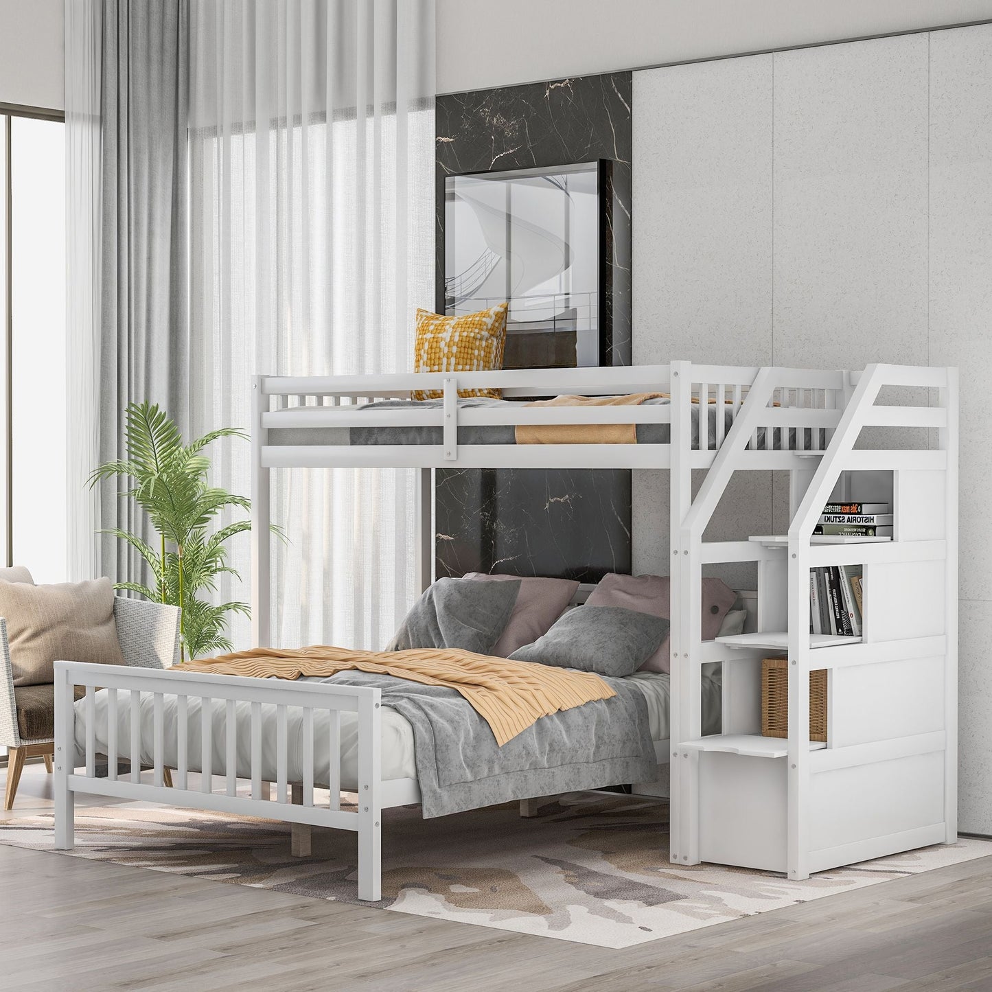 Space-Saving Twin Over Full Wood Loft Bed with Staircase, Gray | Just Better Bunk Beds
