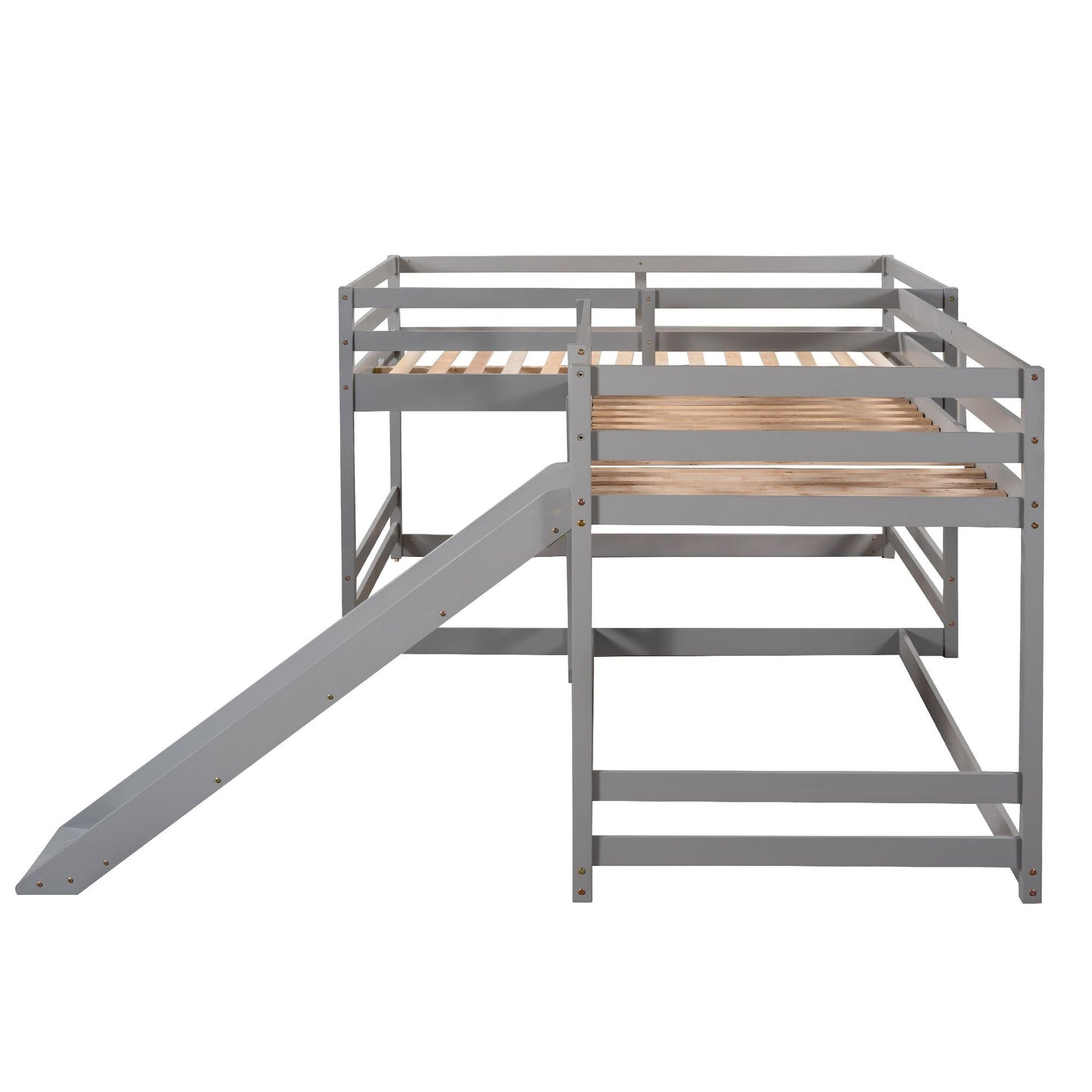 Full and Twin Size L-Shaped Bunk Bed with Slide and Short Ladde
