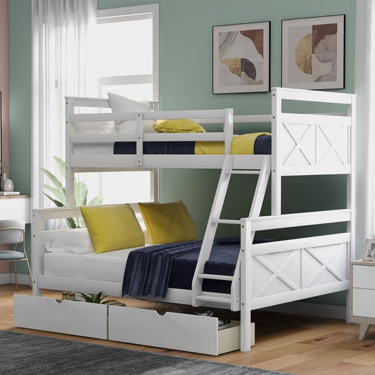 Twin over Full Bunk Bed with Ladder,  Two Storage Drawers,  Safety Guardrail,  White