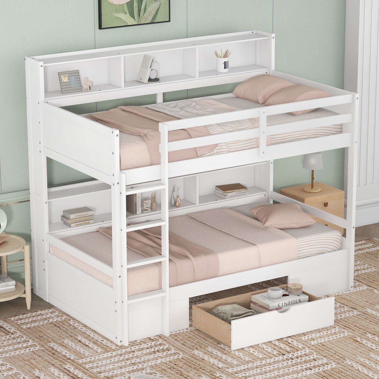 Shared Room Solution Twin Wood Bunk Bed with Built-In Shelves and Storage, White | Just Better Bunk Beds