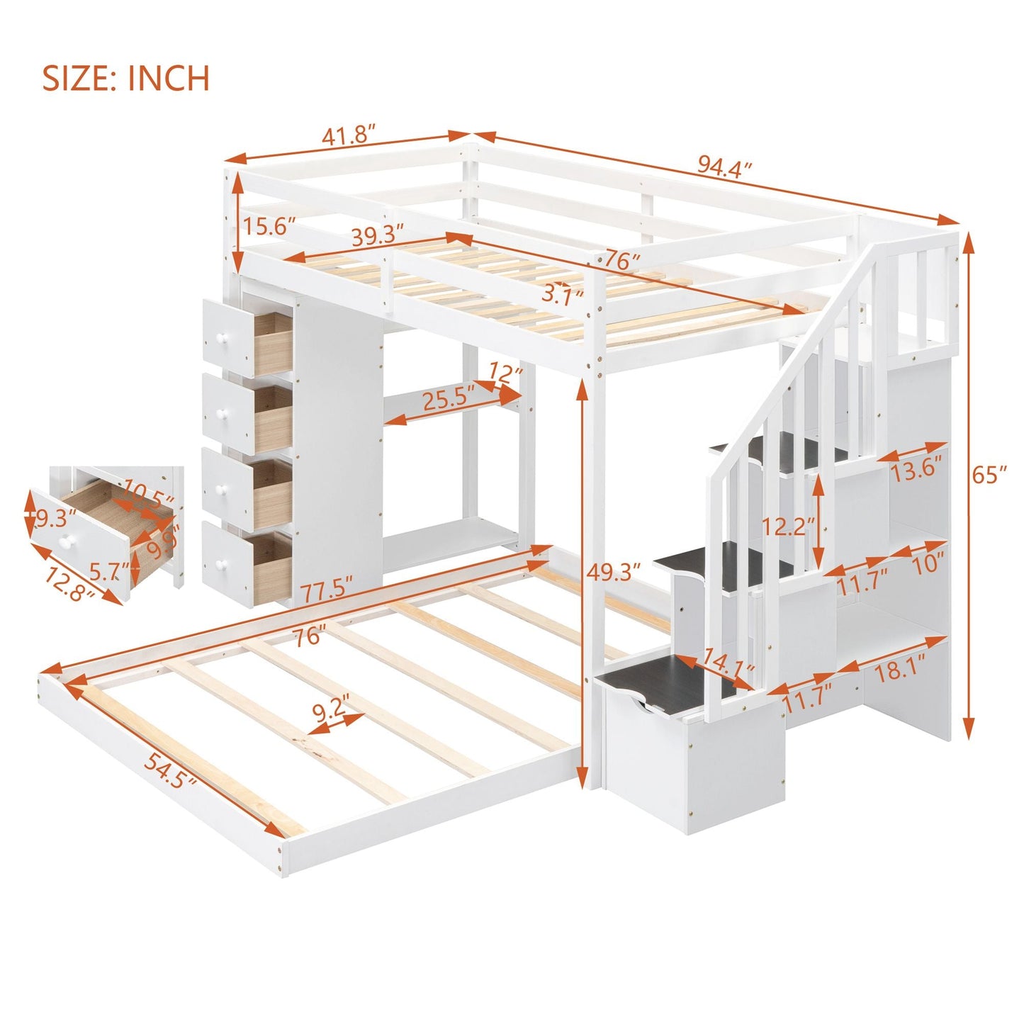 Storage Staircase Twin Over Full Wood Bunk Bed with 3-Layer Shelves and Drawers, White | Just Better Bunk Beds