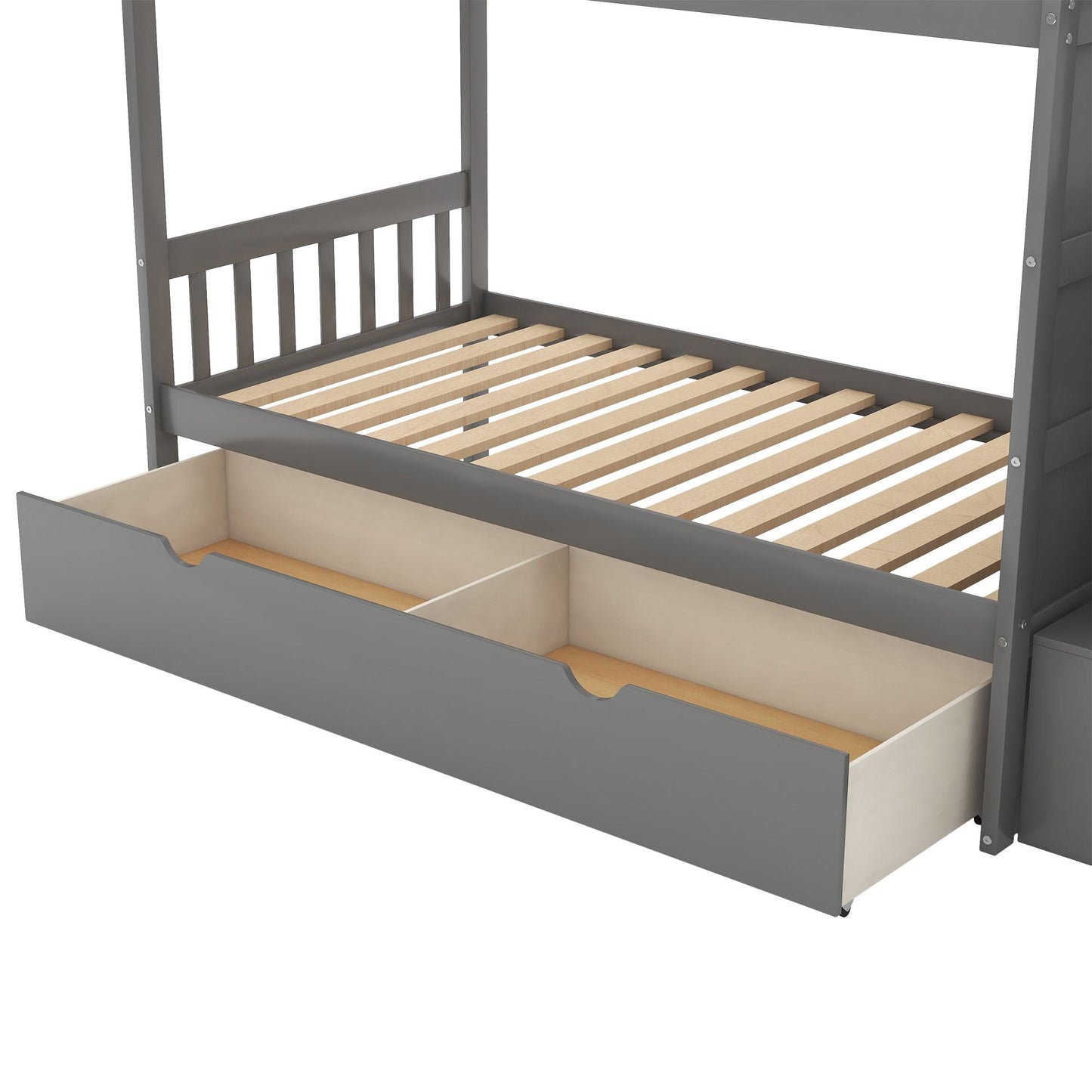 Convertible Twin Over Full/Twin Wood Bunk Bed with Storage Shelves and Drawers, Gray | Just Better Bunk Beds