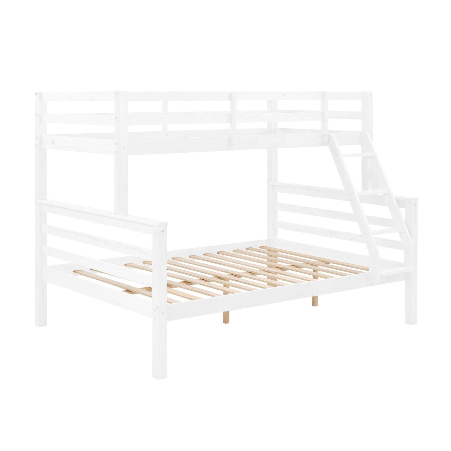 Kids Bedroom Twin Over Full Wood Bunk Bed with Thick Posts, High Guardrail, Ladder, White | Just Better Bunk Beds