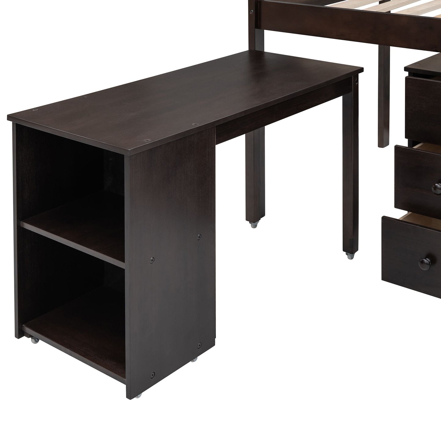 Kids Bedroom Twin Wood Loft Bed with Cabinet and Rolling Desk, White | Just Better Bunk Beds