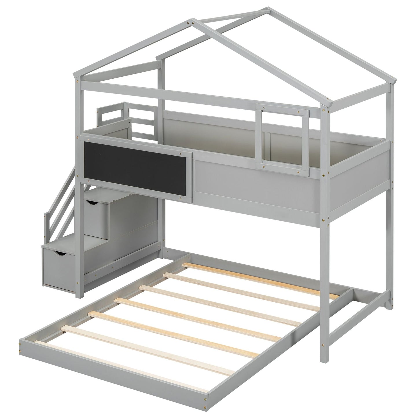 Staircase Storage Twin Over Full Wood House Bunk Bed with Blackboard, Gray and White | Just Better Bunk Beds