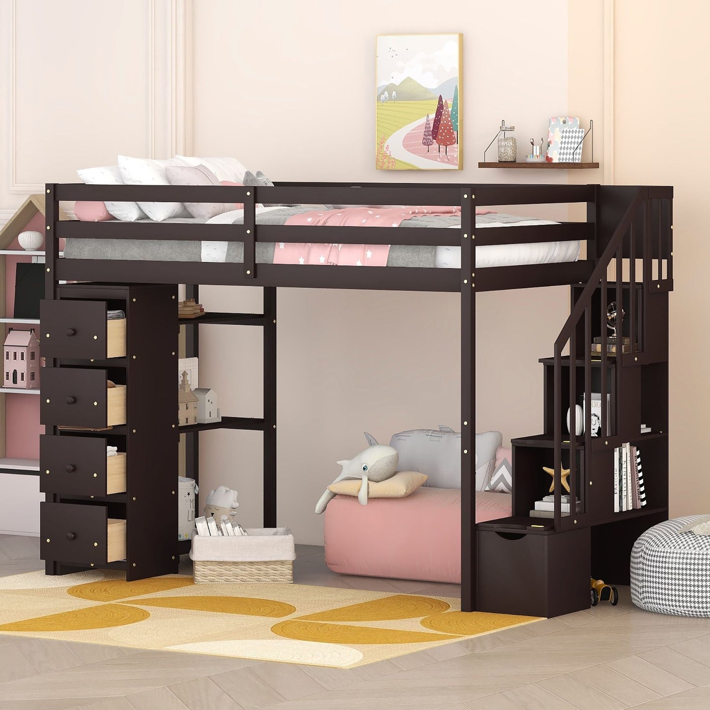 Kids Bedroom Twin Wood Loft Bed with Storage Drawers and Stairs, Espresso | Just Better Bunk Beds