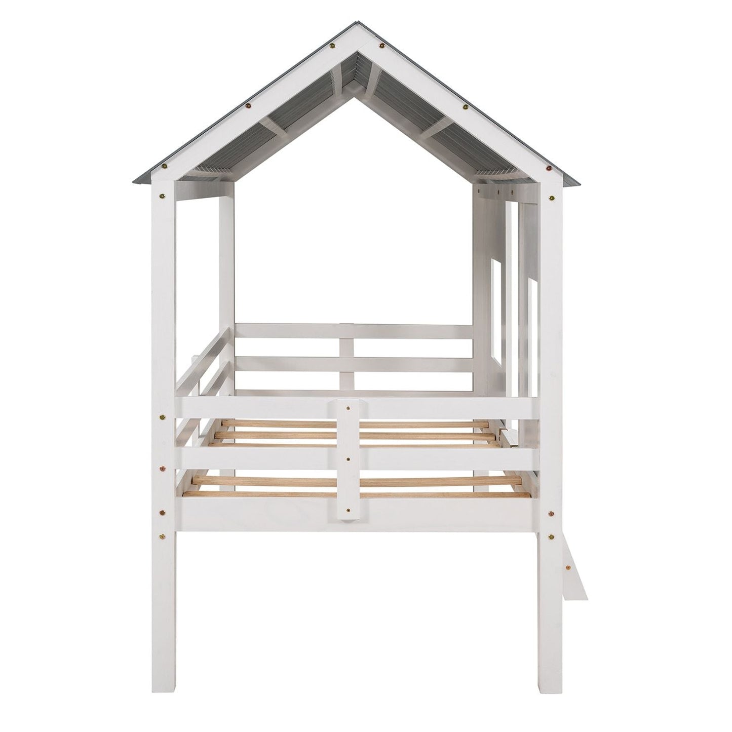 House-Style Twin Low Loft Wood Bed with Roof and Two Front Windows, White | Just Better Bunk Beds