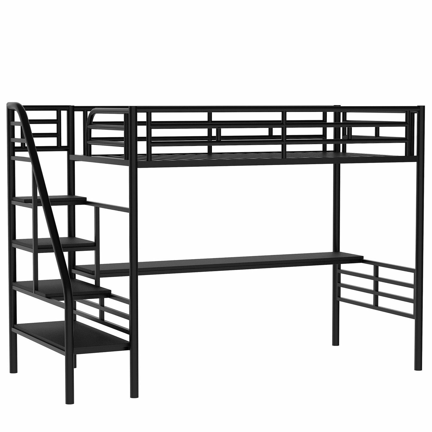 Space-Saving Compact Twin Metal Loft Bed with Desk, No Box Spring Needed, Easy Assembly, Black | Just Better Bunk Beds